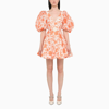 ZIMMERMANN ORANGE/WHITE POSTCARD PUFF SLEEVE SHORT DRESS