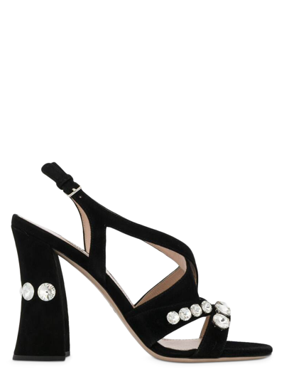 Miu Miu Crystal Embellished Crossover Sandals In Black