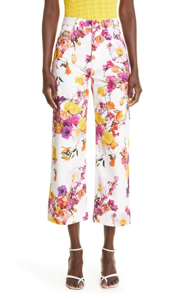 Adam Lippes High Waist Floral Print Crop Trousers In White