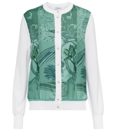 Ferragamo Cardigan With Silk Panel Inserts In White