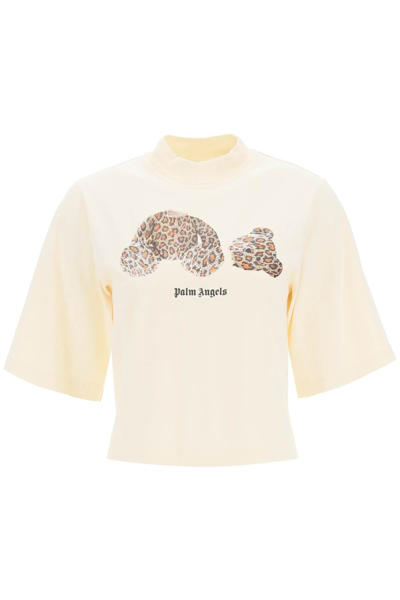 Palm Angels Woman Short White T-shirt With Leopard Bear In Beige