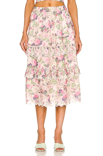 Loveshackfancy Naila Tiered Crochet-trimmed Floral-print Cotton-voile Midi Skirt In Veiled Kiss