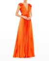 Mac Duggal Pleated Ruffled Cap Sleeve Cut Out Lace Up Gown In Sunset