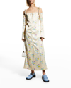 Ganni Off-shoulder Ruffle Strap Floral Print Long Dress In Floral Rutabaga