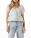 English Factory Floral Embroidered Puff Sleeve Babydoll Top In White Multi