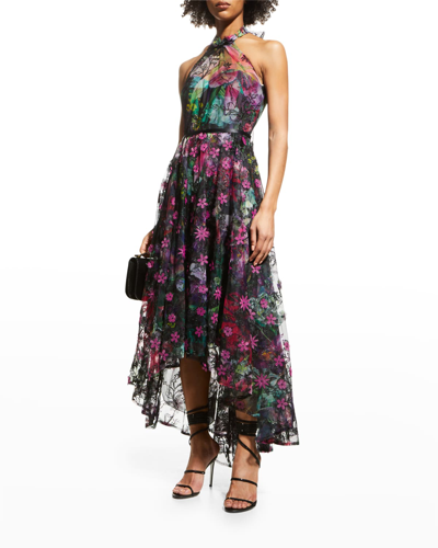 Marchesa Notte Floral Tulle Halter Gown In Black