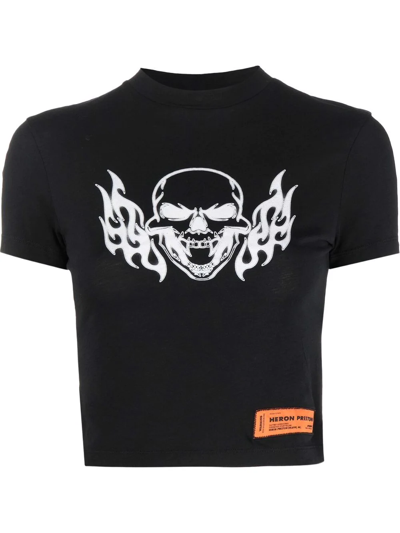Heron Preston Cotton T-shirt With Flaming Skull Print In Black White
