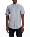 Bugatchi Tech Geo Print Short Sleeve Knit Stretch Cotton Button-up Shirt In Cobalt