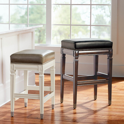 Frontgate Wexford Rectangular Backless Bar & Counter Stool In Creme Linen,indigo Counter Height