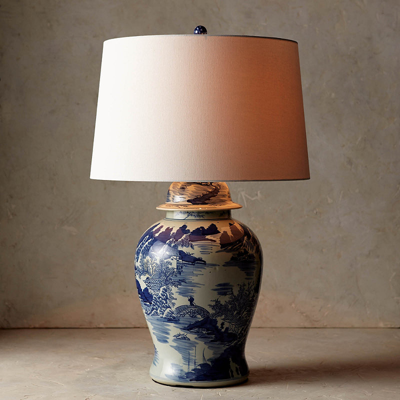 Frontgate Blue And White Ming Table Lamp With Linen Shade