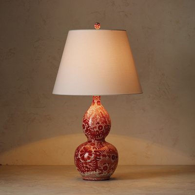 Frontgate Coral Ming Double Gourd Table Lamp With Ivory Linen Shade