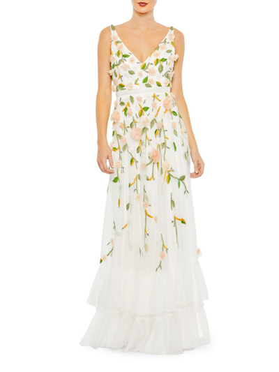 Mac Duggal Floral Embellished Sleeveless V Neck A Line Gown In White