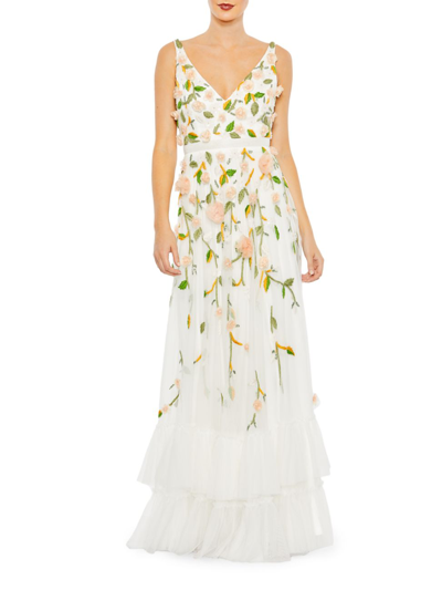 Mac Duggal Floral Embellished Sleeveless V Neck A Line Gown In White Multi