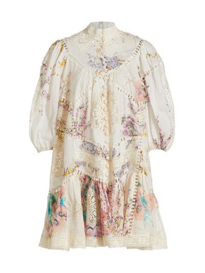 Zimmermann Jude Floral Puffed-sleeve Mini A-line Dress In Multi-colour |  ModeSens
