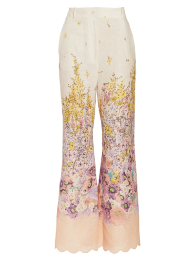 Zimmermann Jude Belted Scalloped Floral-print Linen Wide-leg Pants In Multi
