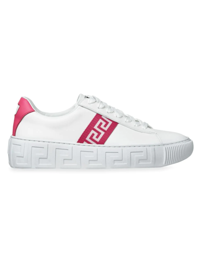 Versace Women's La Greca Low-top Leather Trainers In White Fuschia