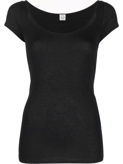 Totême Ribbed Cap-sleeved Cotton And Silk-blend T-shirt In Black