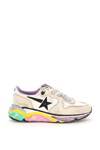 Golden Goose Running Sole Distressed Leather And Canvas Sneakers In White,beige