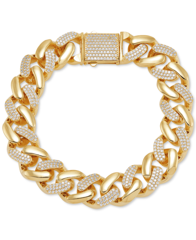 Macy's Men's Cubic Zirconia Curb Link Chain Bracelet In 14k Gold-plated Sterling Silver In Gold Over Silver