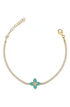 Gabi Rielle 14k Gold Plated Sterling Silver Turquoise Enamel Flower Cz Tennis Bracelet In Gold