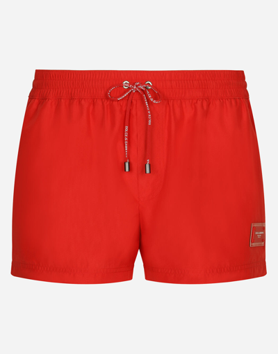 Dolce & Gabbana Short Swim Trunks With Branded Plate In Red