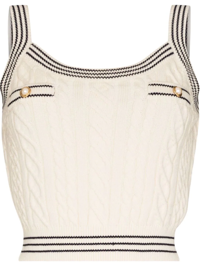 Alessandra Rich Cropped Embellished Cable-knit Cotton-blend Top In White