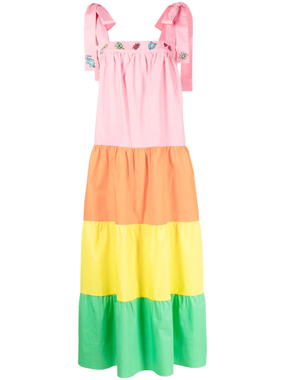 Mira Mikati Embroidered Tiered Dress With Tie Straps In Pink