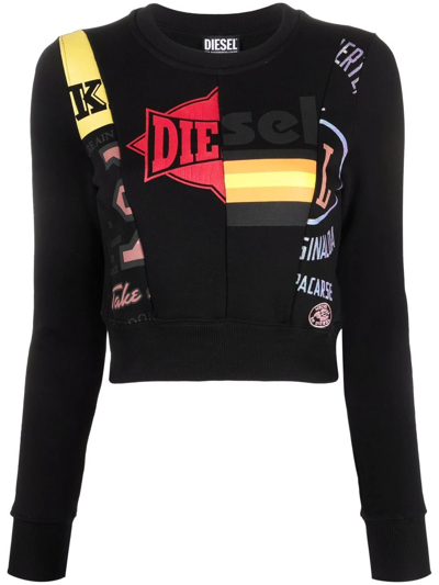 Diesel Mix-print Cropped Sweatshirt In Black