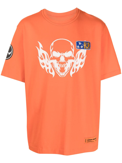 Heron Preston Flaming Skull Printed T-shirt In Orange