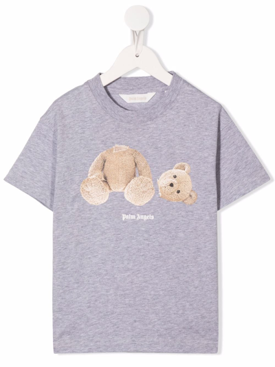 Palm Angels Kids' Branded Bear-print Cotton T-shirt 6-10 Years In Grey