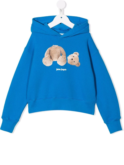 Palm Angels Kids' Teddy Bear Logo Cotton Hoodie In Blue