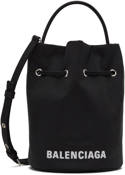 Balenciaga 'wheel' Xs Logo Print Drawstring Nylon Bucket Bag In Black
