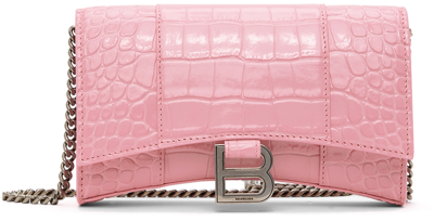 Balenciaga Hourglass Embossed Leather Chain Wallet In Pink