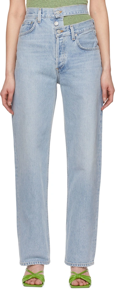 Agolde Broken Waistband High Rise Relaxed Straight Leg Jeans In Sideline In Light Blue