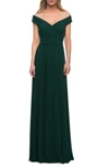 LA FEMME OFF THE SHOULDER JERSEY GOWN