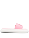 MONCLER WHITE AND PINK SLYDER SLIPPER WITH LOGO