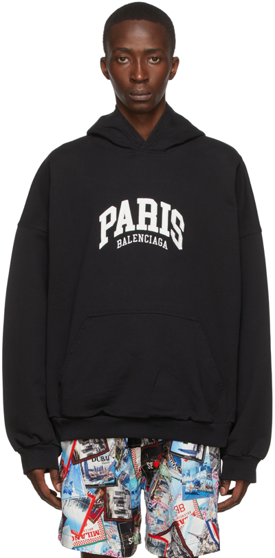 Balenciaga Paris Oversize Embroidered Cotton Logo Hoodie In Black