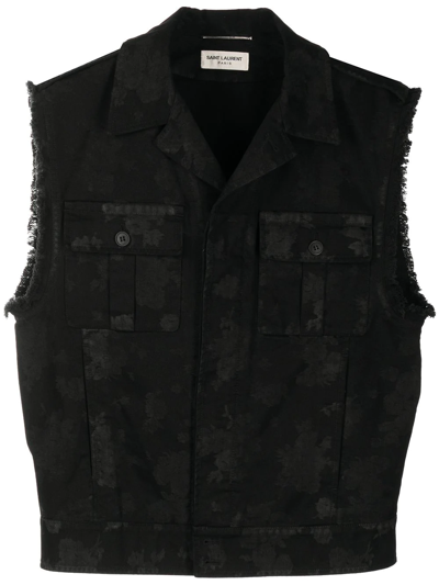 Saint Laurent Abstract Tonal-print Denim Waistcoat In Noir