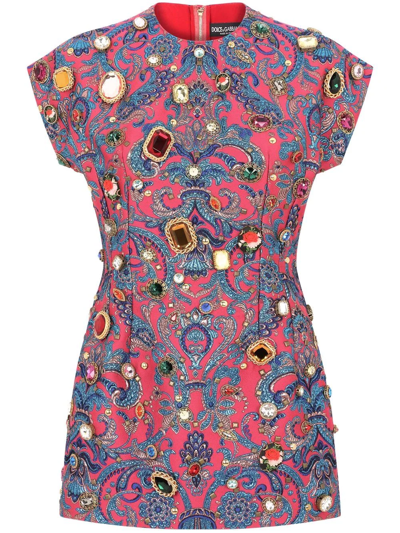 Dolce & Gabbana Ricamo Gem Embellished Brocade Mini Dress In Multicolor