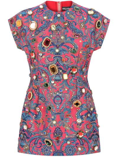 Dolce & Gabbana Ricamo Gem Embellished Brocade Mini Dress In Miscellane