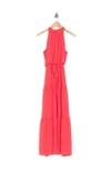 Julia Jordan Mock Neck Three Tier Maxi Dress In Hot Coral