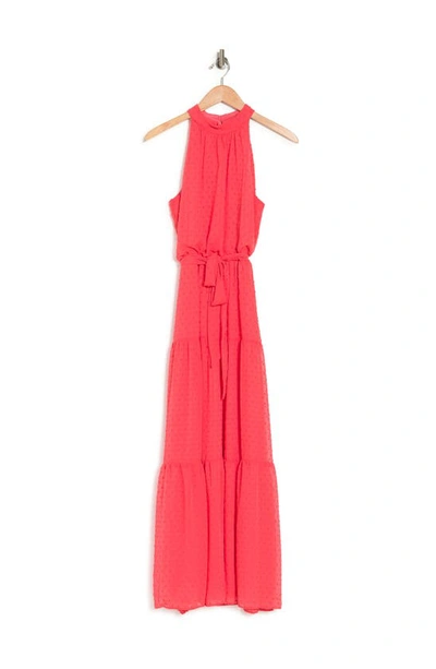 Julia Jordan Mock Neck Three Tier Maxi Dress In Hot Coral