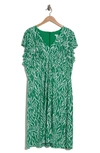 London Times V-neck Ruffle Sleeve Midi Dress In Green/ White