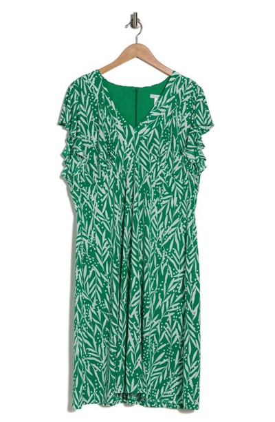 London Times V-neck Ruffle Sleeve Midi Dress In Green/ White