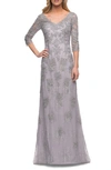 La Femme Embroidered Lace Column Gown In Silver