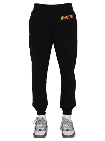 Moschino Multicolor Logo Jogging Pants In Black