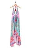 Ranee's Bright Printed Pink Blooms Flare Sleeve Cover-up Duster In Turquoise