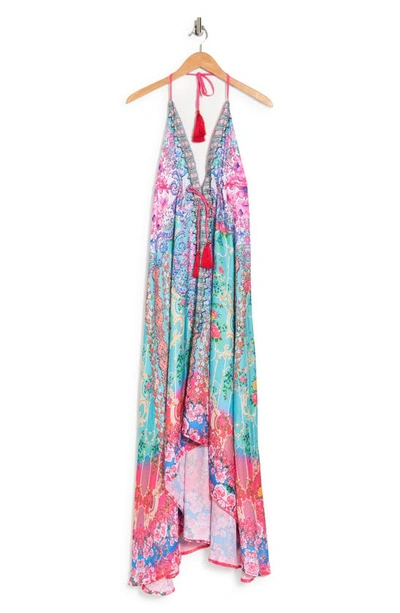 Ranee's Bright Printed Pink Blooms Flare Sleeve Cover-up Duster In Turquoise