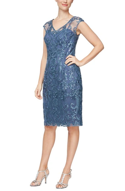 Alex Evenings Embroidered Sequin Illusion V-neckline Sheath Dress In Wedgewood