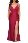 La Femme Jersey Dress For Curves With Slit And Criss Cross Back In Burgundy